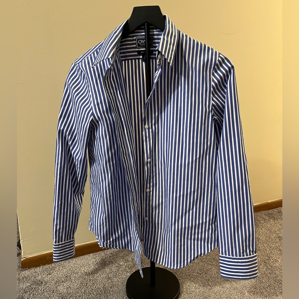 Chaps Blue and White Striped Button Down Shirt